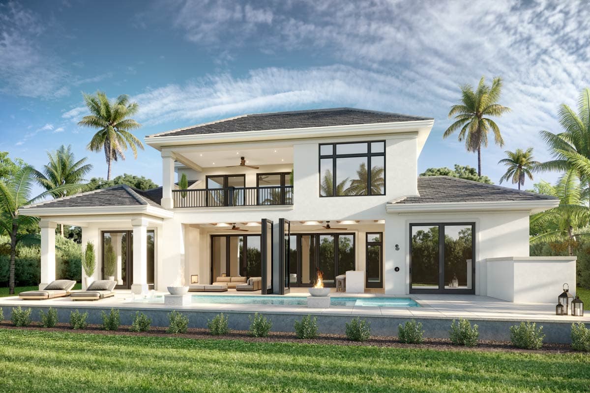 Two-story house plan exterior with hipped roof, balcony, covered patio, and large windows overlooking pool.
