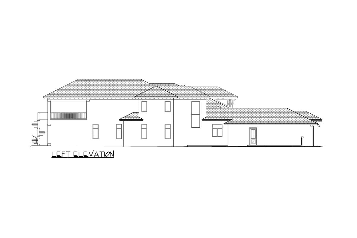 Left elevation drawing of a two-story house plan with multiple gables, a covered balcony with railing, and a single-car garage.