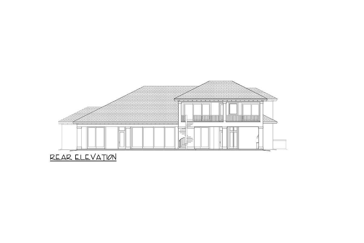 Rear elevation drawing of a two-story house with a prominent hipped roof, balconies, and large ground-level windows.