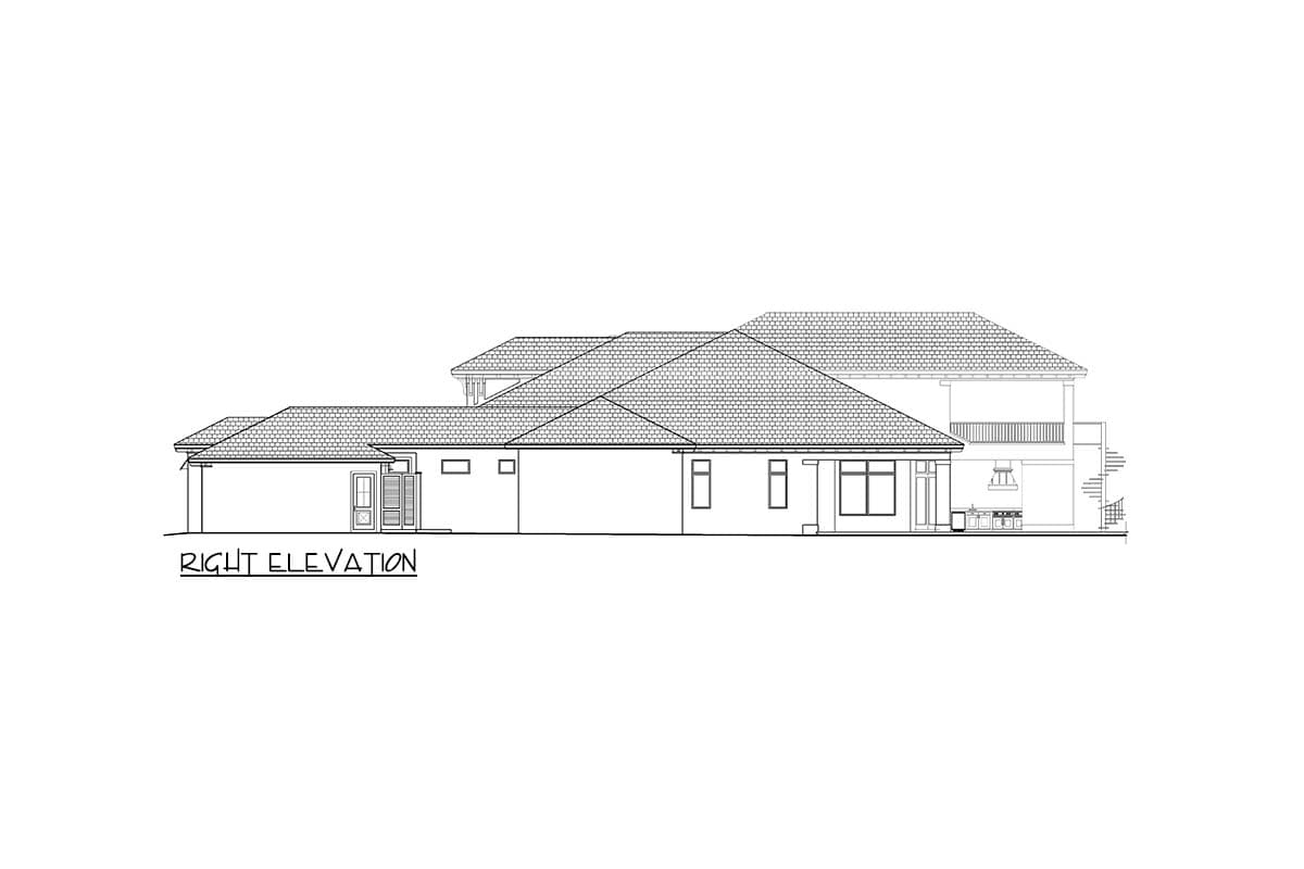 Right elevation house plan showing a multi-level roofline, various window styles, a double door entry, and an external spiral staircase.