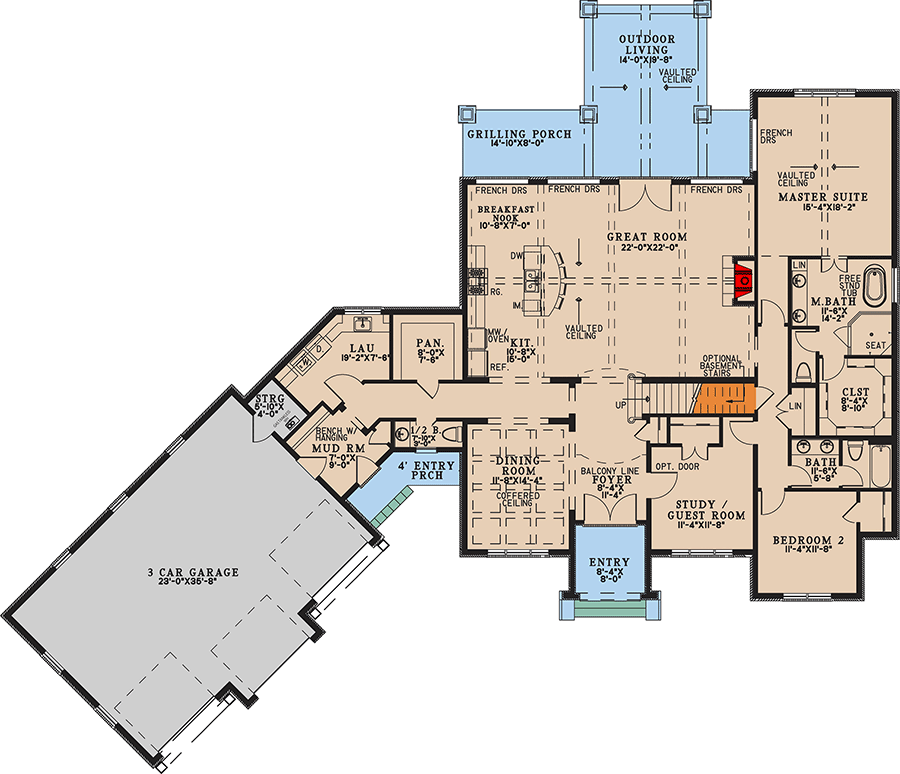 Plan 70899MK: Two-Story European House Plan with Two-Story Great Room - 3346 Sq Ft - Floor Plan - Main Level - European, Traditional