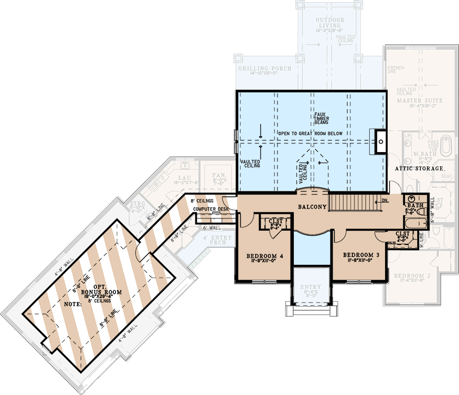 Plan 70899MK: Two-Story European House Plan with Two-Story Great Room - 3346 Sq Ft - Floor Plan - 2nd Floor - European, Traditional