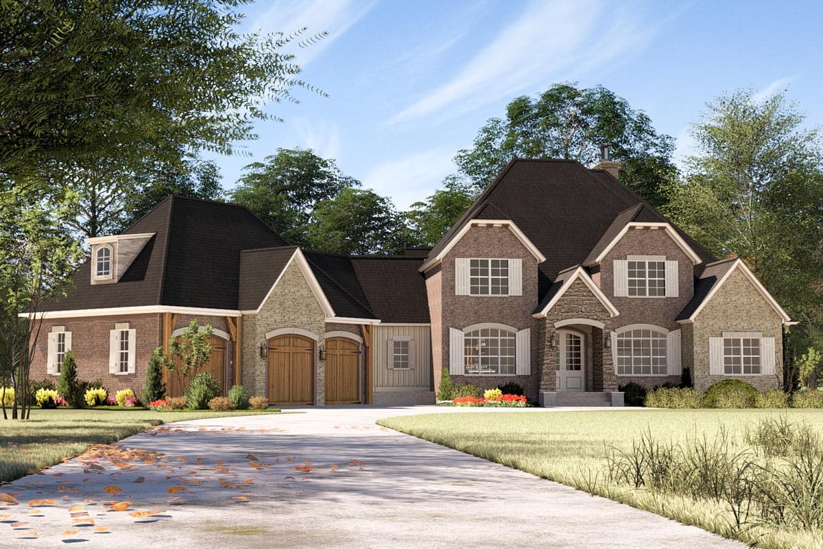 House plan exterior with two stories, multiple gables, stone accents, arched garage doors, and a dormer. Driveway leads to the home.