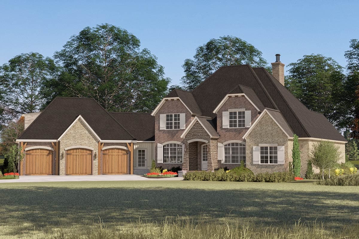 House plan exterior: Two-story home with a three-car side-entry garage, stone accents, dormers, and decorative shutters.