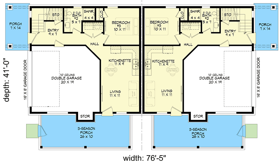 Plan 680456VR: 3 or 4 Bed Duplex House Plan with Third Floor Loft - 1812 Sq Ft Per Unit - Floor Plan - Main Level - Country, Mid Century Modern, Mountain
