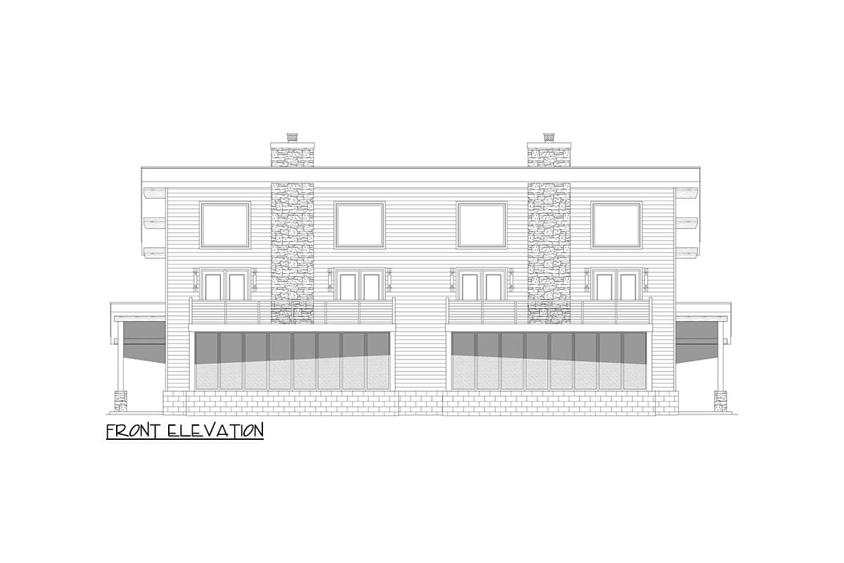 Front elevation drawing of a two-story house plan with stone accents, balconies, and a covered porch.