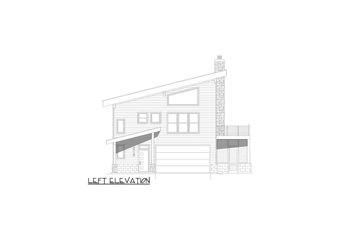Left elevation drawing of a modern house plan with a sloped roof, stone chimney, and large windows.