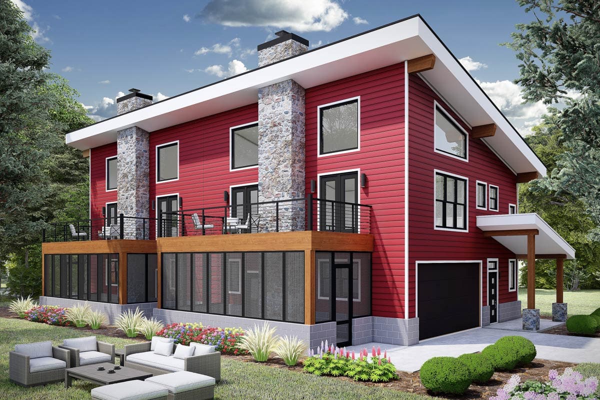 House plan exterior. Two-story modern style with horizontal siding, stone chimney, balconies, and a covered entry with supporting pillars.
