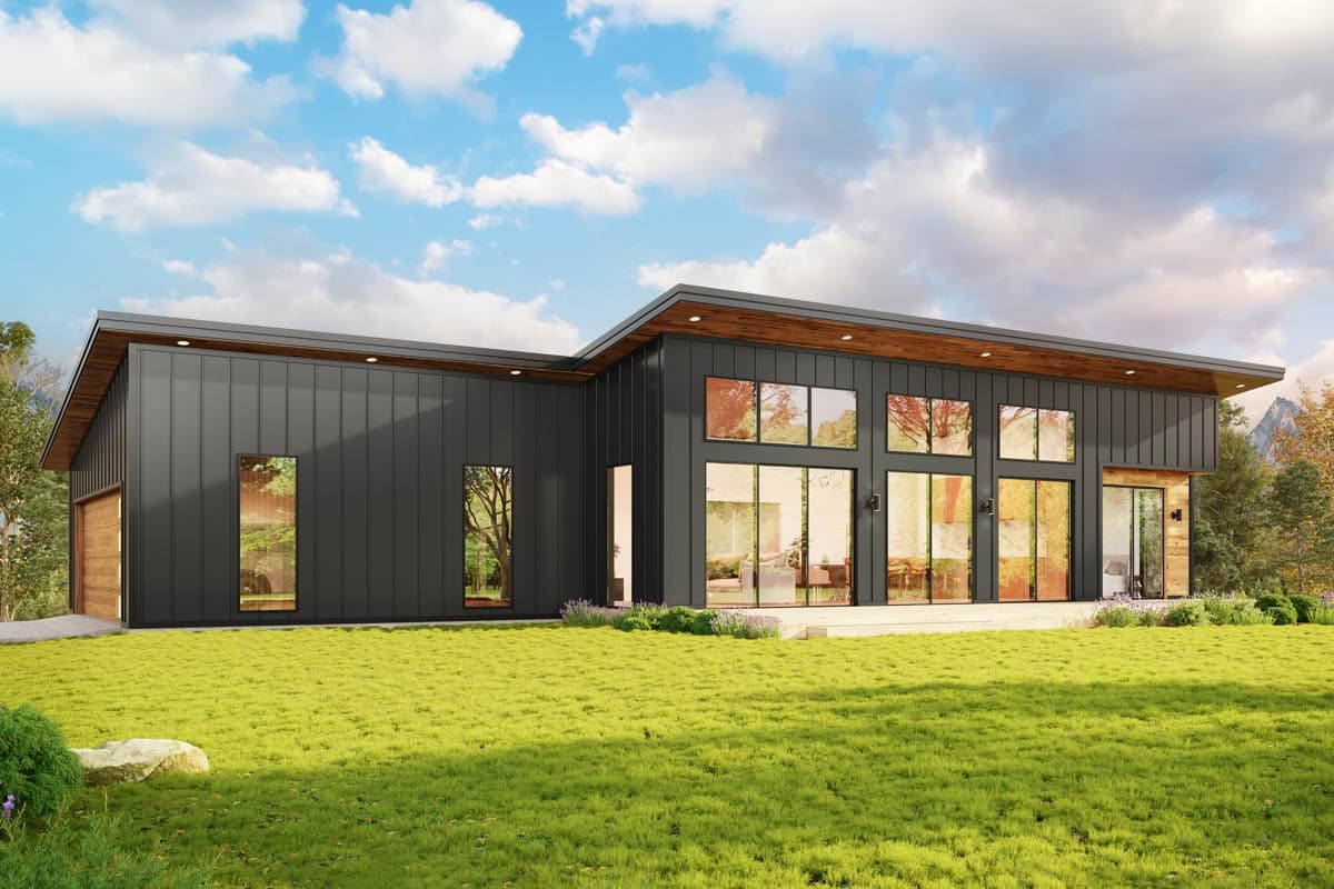 House plan exterior. Modern style with flat roof. Features include a garage, large windows, and a covered porch. Single-story design.