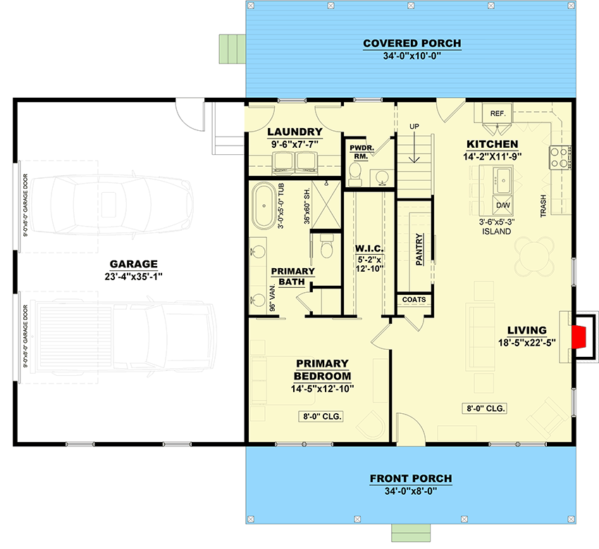 Plan 810032RBT: 2-Bed Country Barndominium House Plan with Upstairs Home Office - 2089 Sq Ft - Floor Plan - Main Level - Barndominium, Cottage, Country, Farmhouse, Modern Farmhouse