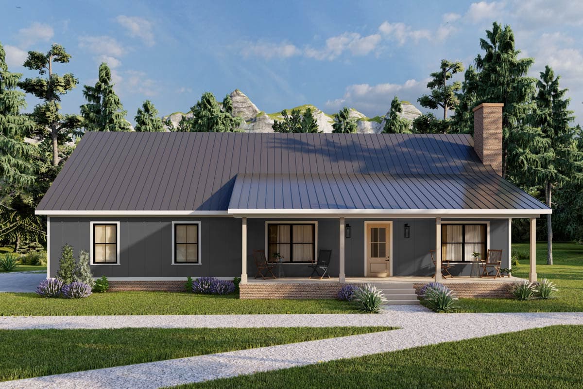 House plan exterior. Ranch-style home with a single story, front porch, and brick chimney. Features a dark metal roof and large windows.