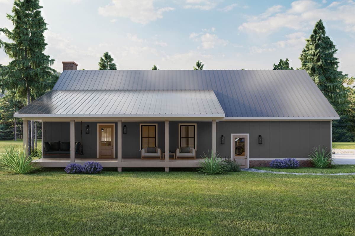 House plan exterior, Modern Farmhouse style, one story, with a metal roof, wide covered porch, and gable dormers.