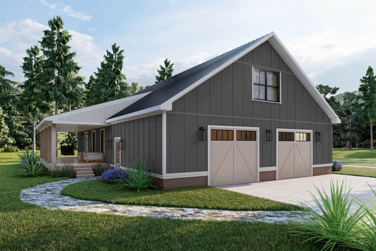 House plan exterior featuring a modern farmhouse style with a prominent gable roof, a wide covered porch, and a two-car garage.