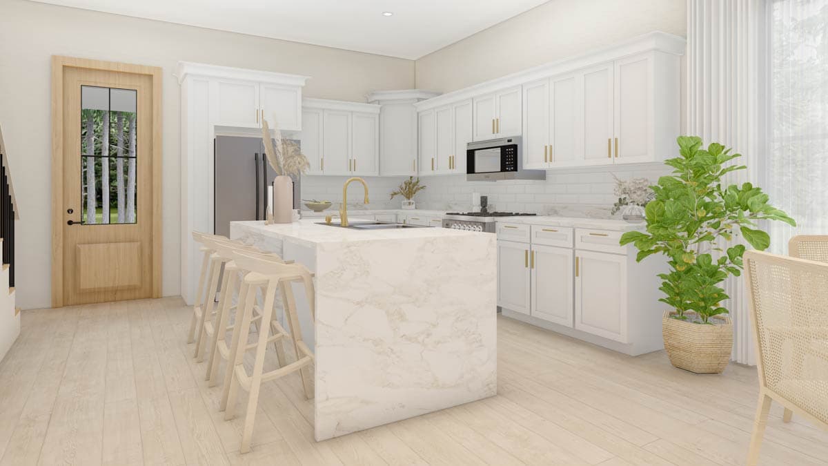 Modern kitchen with white cabinets, marble island with bar stools, stainless steel appliances, and a wood-paneled door with glass.