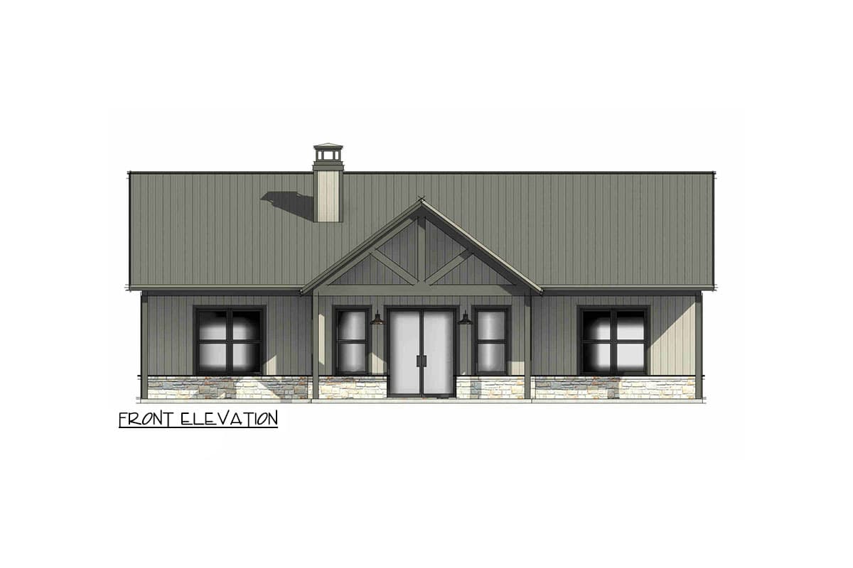 Front elevation drawing of a house plan with gable roof, stone base, double doors, and windows.