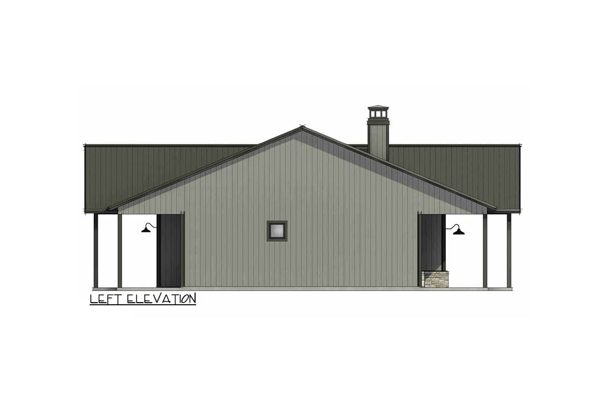 Left elevation house plan with gable roof, vertical siding, chimney, two covered porches with stone bases, and central square window.