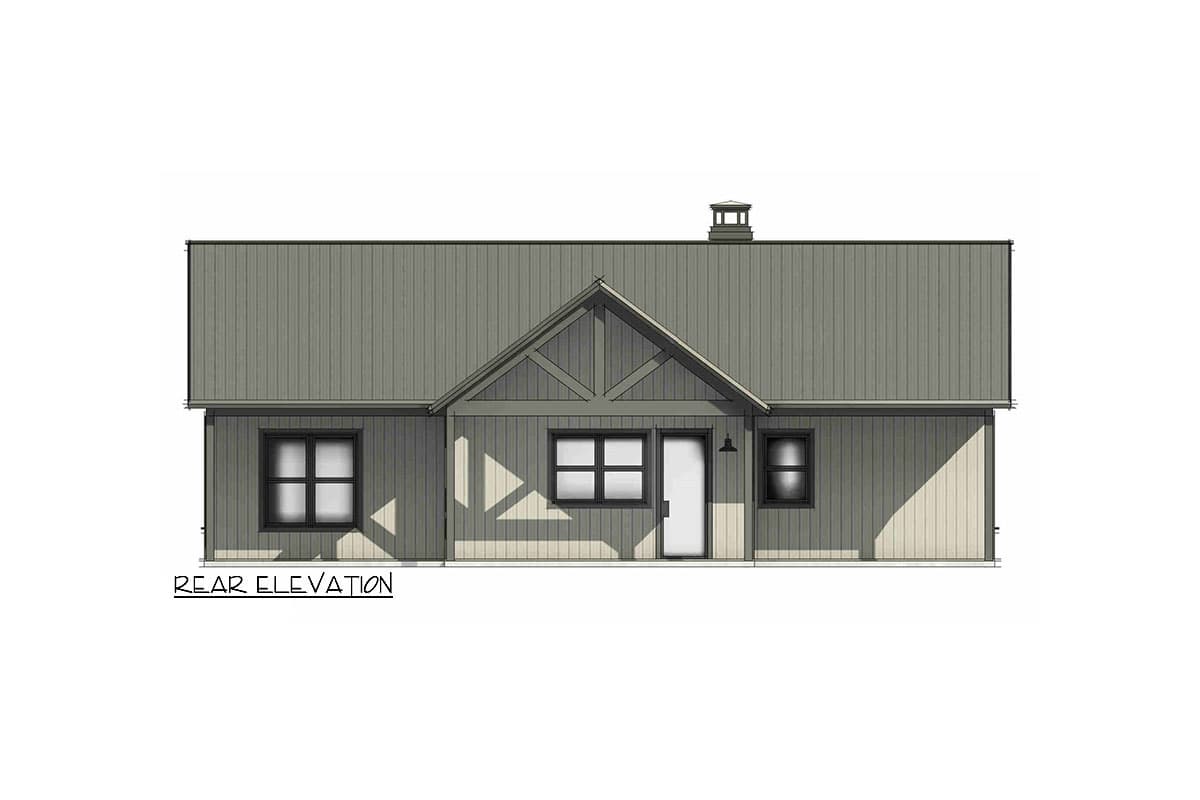 Rear elevation drawing of a house plan with a prominent gable, three windows, and a central door.