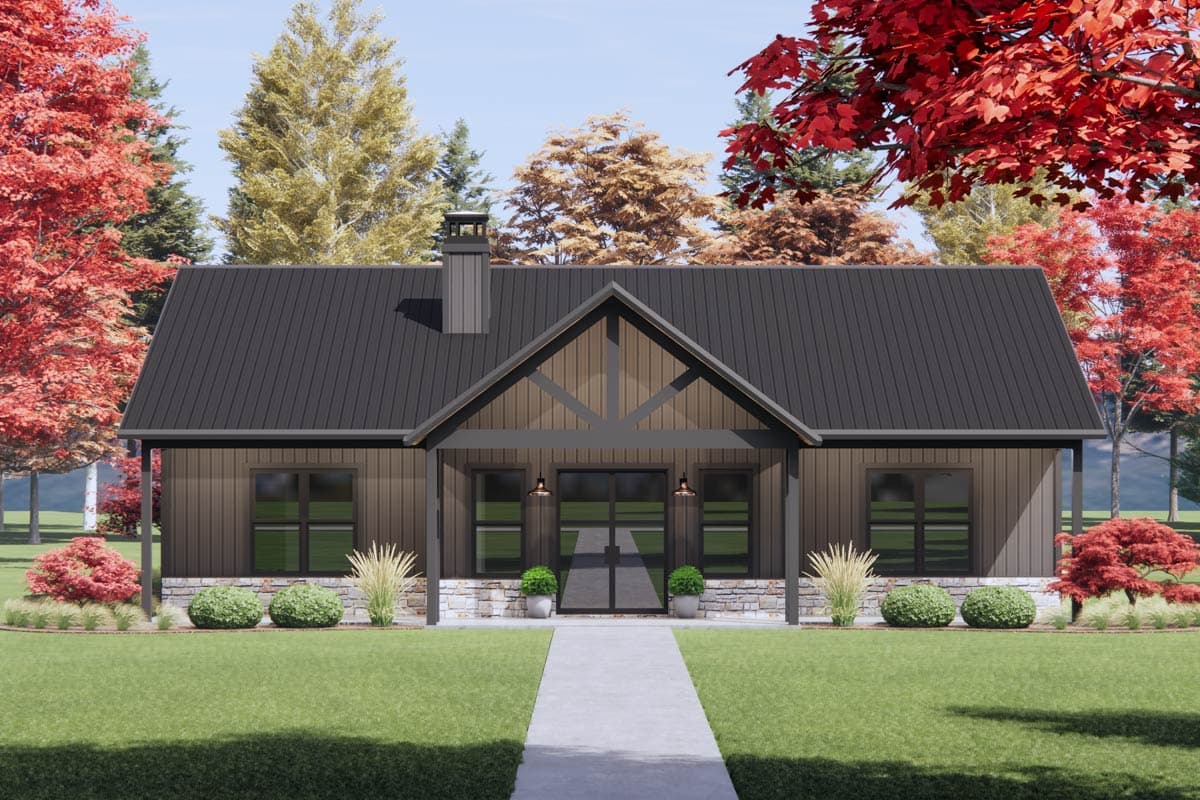 House plan exterior with dark metal roof, gabled entryway with exposed beams, stone base, and covered front porch.