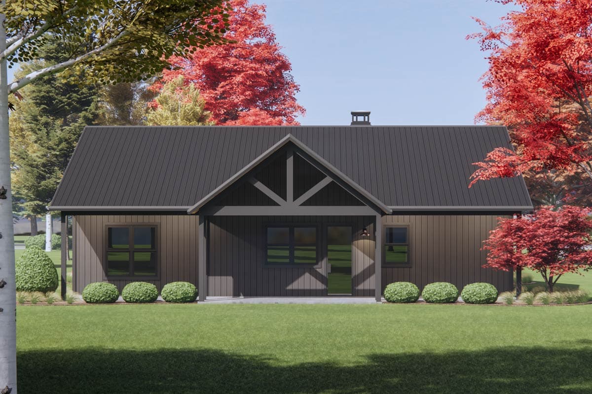 House plan exterior, single-story modern farmhouse with gabled entry, dark siding, and metal roof.