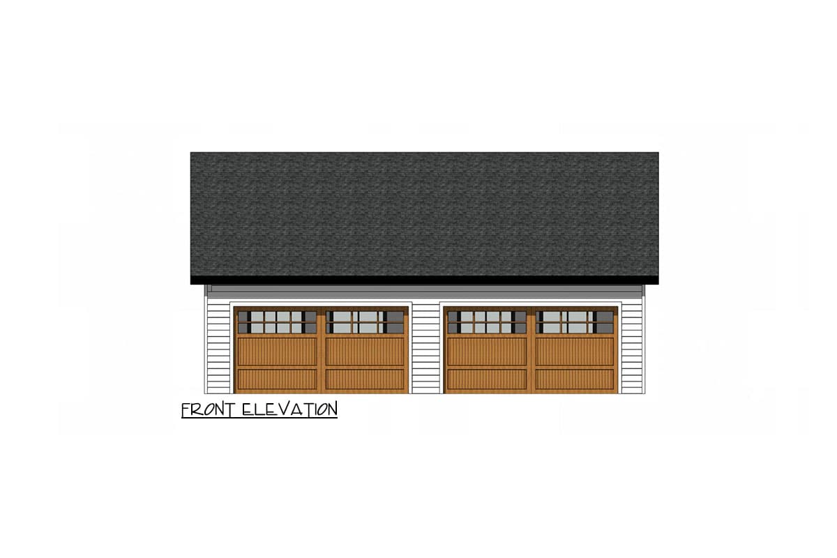 Front elevation drawing of a two-car garage with wood-look doors and a gabled roof.