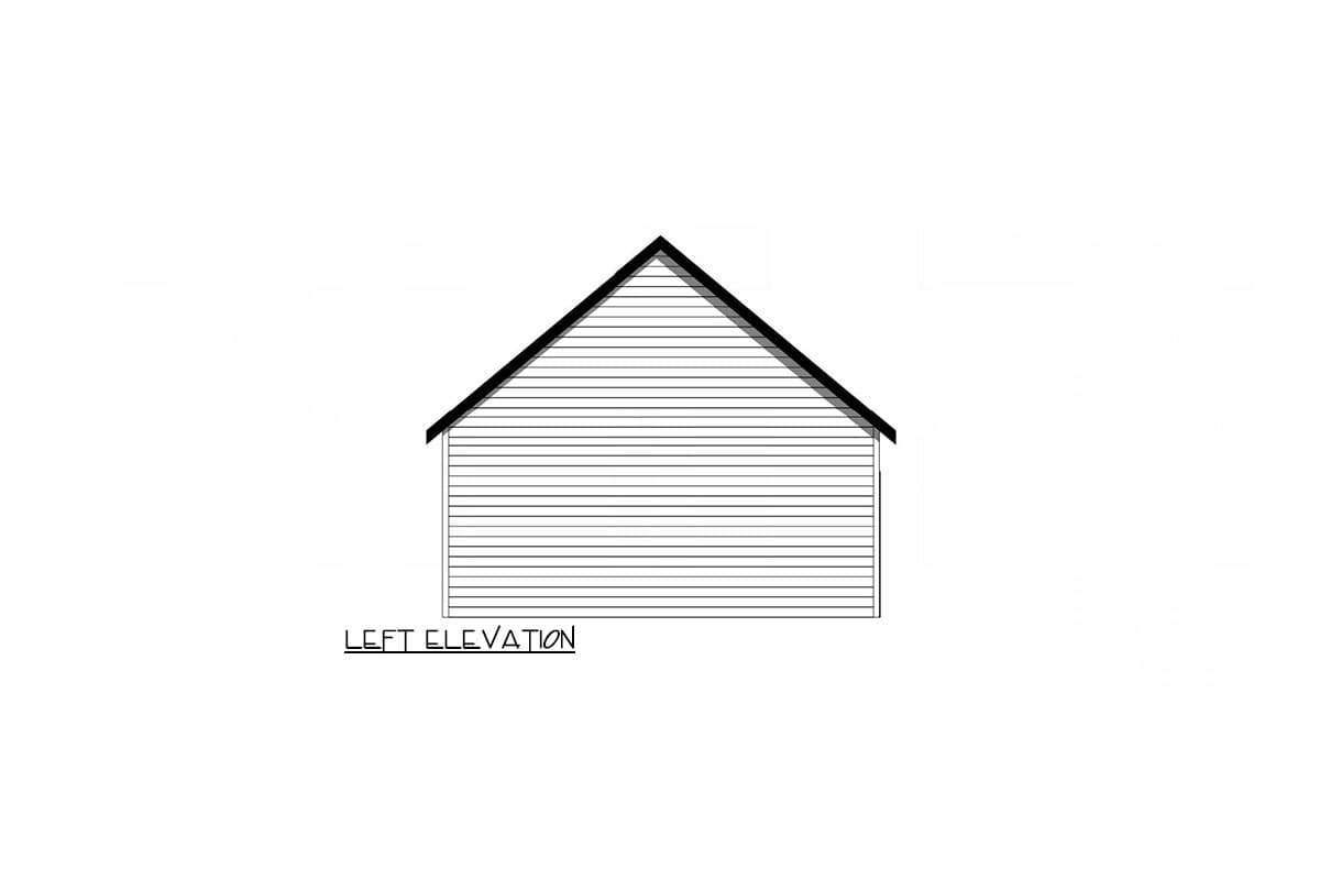 Left elevation drawing of a house plan with horizontal siding and a gable roof.