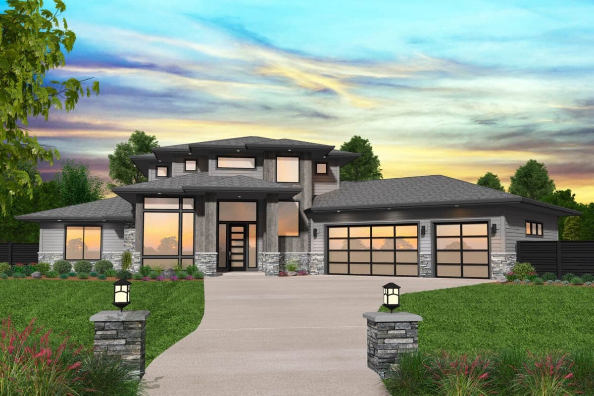 House plan exterior rendering. Two-story Modern home with flat roof, large windows, stone accents, and a front-facing garage.