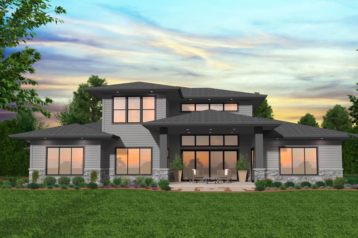 Modern house plan exterior, two stories, with a covered patio, large windows, and stone accents.