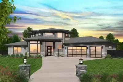 2-Story Modern Prairie House Plan with Flex Den Room - 3465 Sq Ft