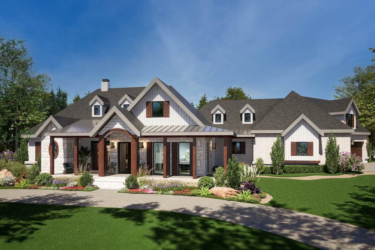 House plan exterior: Modern Farmhouse style, two stories, prominent gabled dormers, stone accents, and covered entry porch.