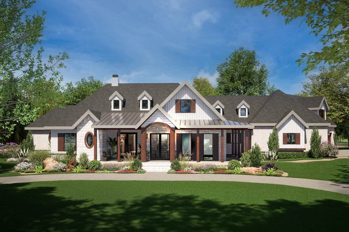 House plan exterior featuring a farmhouse style, single story, with a porch, gables, and multiple dormers visible.