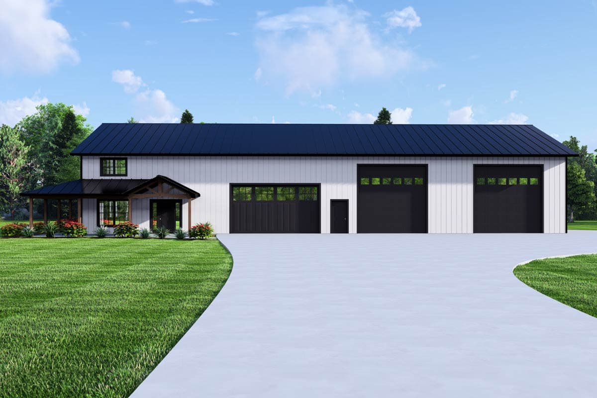 Modern farmhouse style house plan exterior with a covered porch, three garage bays, and a dark metal roof.