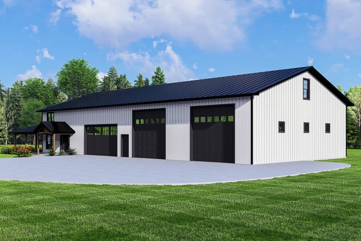 House plan exterior: Modern barn style with metal roof, white siding, large garage doors, and covered entryway.