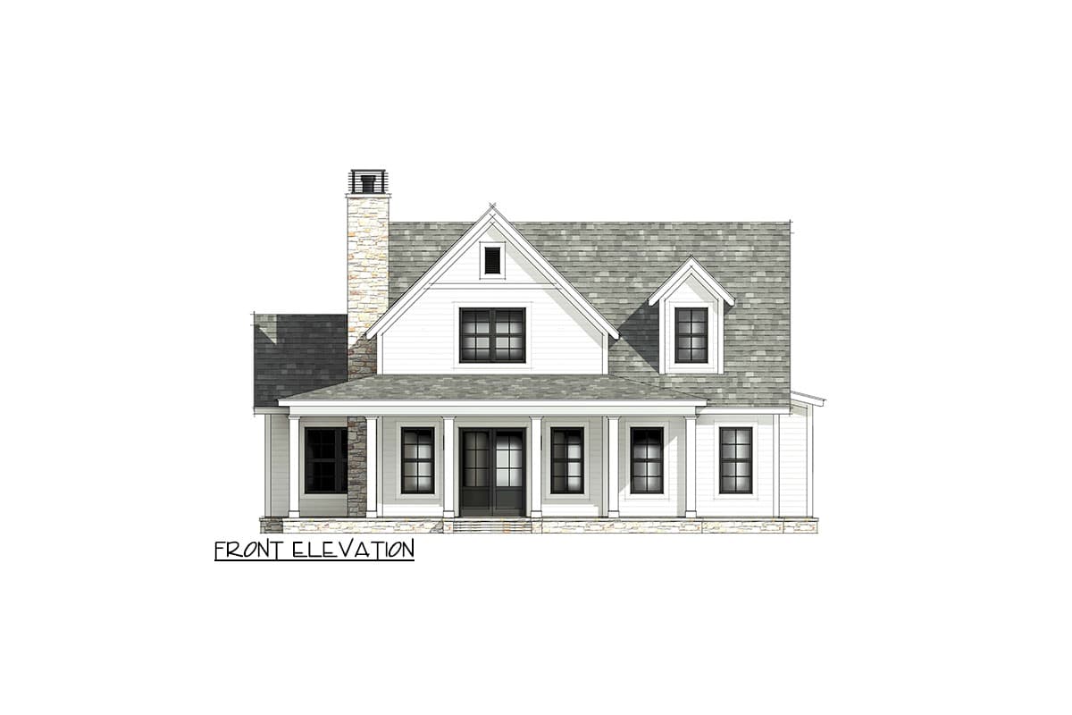 Front elevation drawing of a two-story Modern Farmhouse with a full-width porch, stone chimney, and dormer windows.