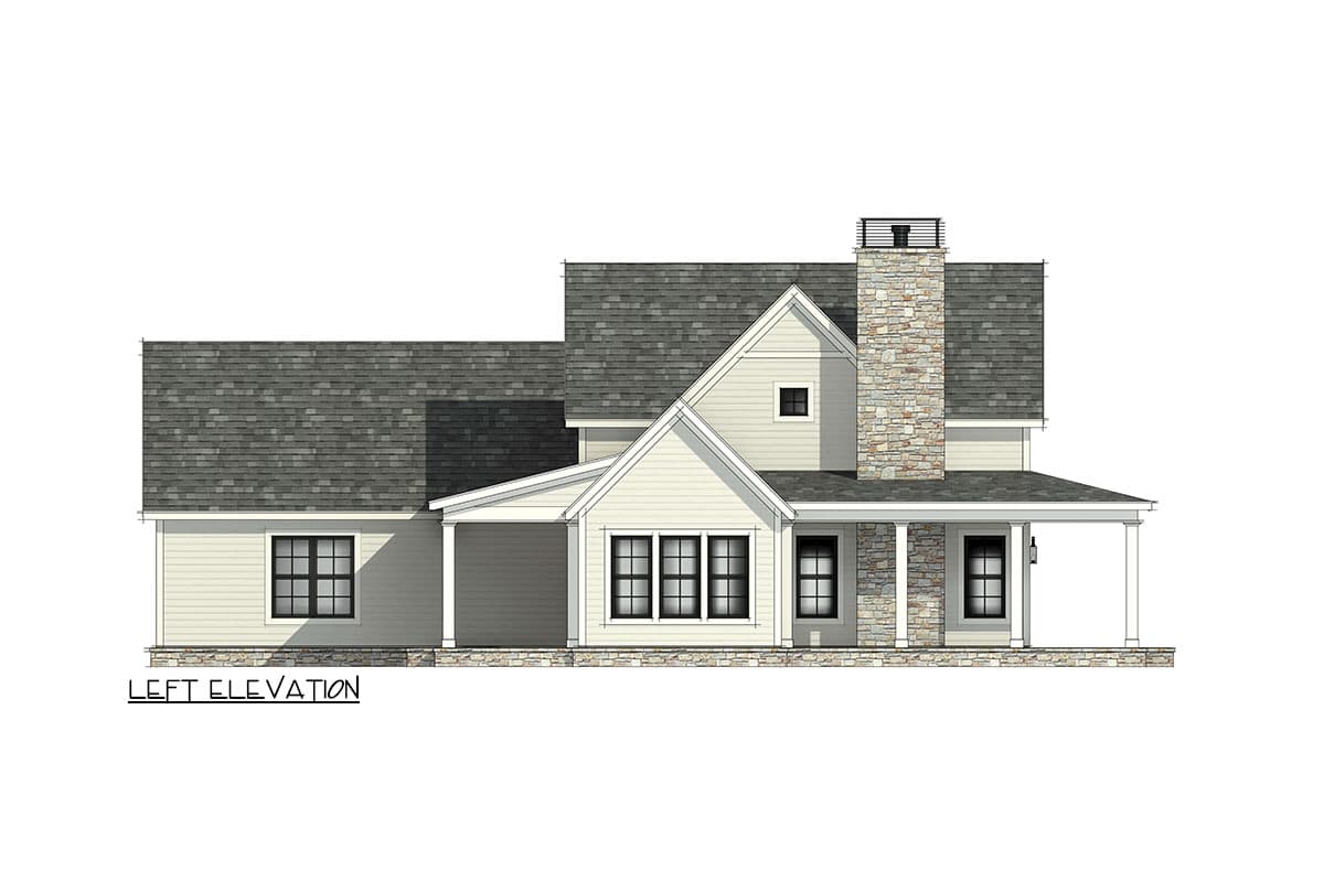 Left elevation house plan showing a modern farmhouse style with stone chimney, gables, covered porch, and large windows.