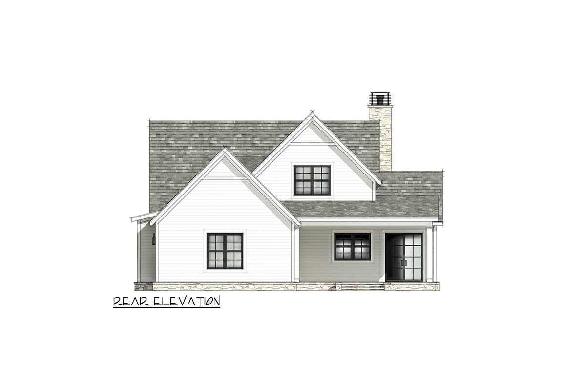 Rear elevation house plan showing a two-story Modern Farmhouse with gables, covered porch, stone chimney, and double doors.