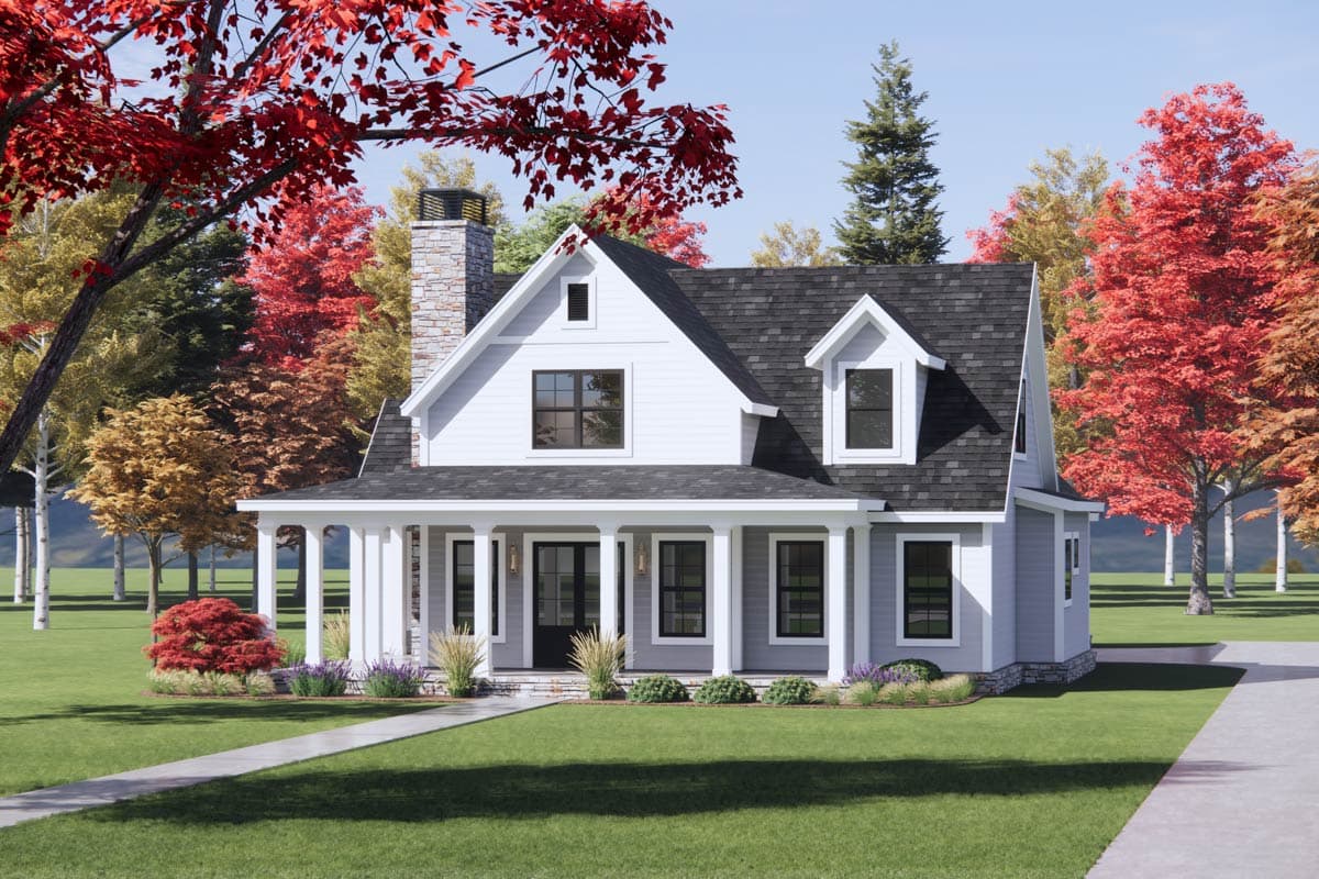 House plan exterior: Modern Farmhouse style, two stories, full porch with columns, prominent gables, and stone chimney.
