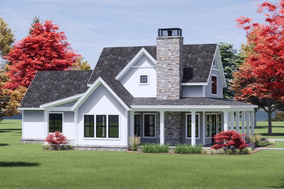 House plan exterior: Modern Farmhouse style, two stories, prominent stone chimney, gabled rooflines, and wraparound porch.