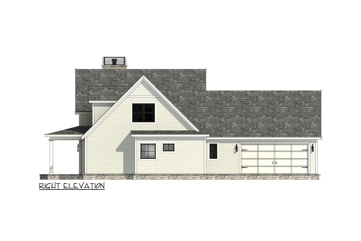 House plan right elevation featuring a gabled front, covered porch, and double garage.