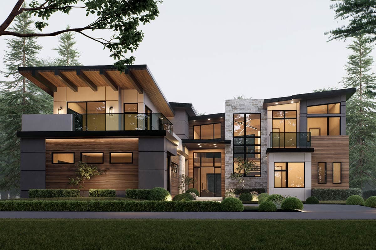 House plan exterior. Modern style, two-story home with flat rooflines, wood accents, and expansive windows. Includes a balcony with glass railing.