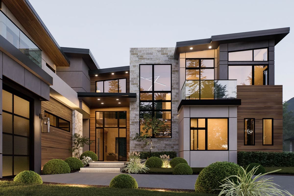 Modern house plan exterior with multiple stories, stone facade, large windows, cantilevered balconies, and wood siding.