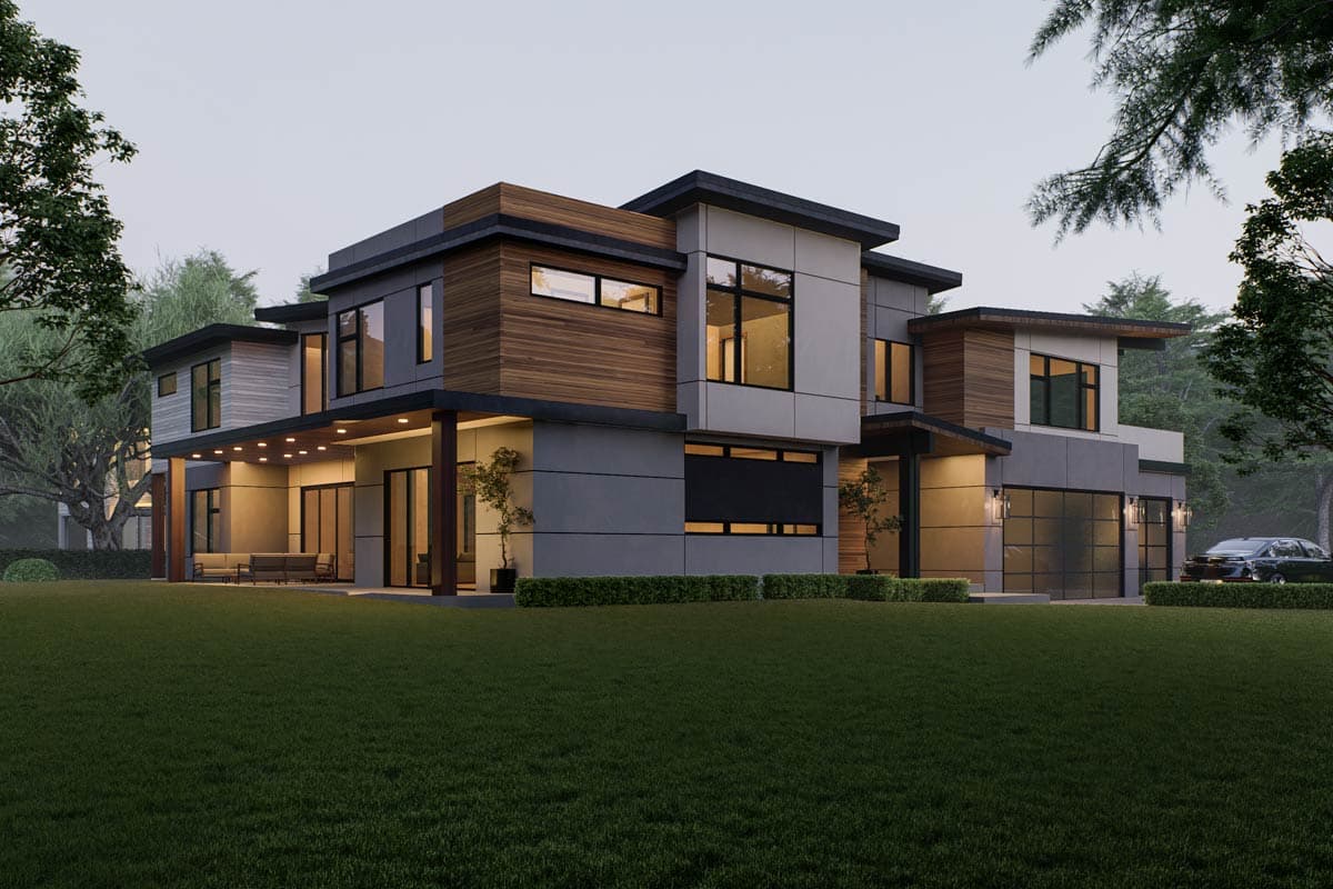 Modern house plan exterior with wood and concrete facade, multiple gables, covered patio, and two-car garage.