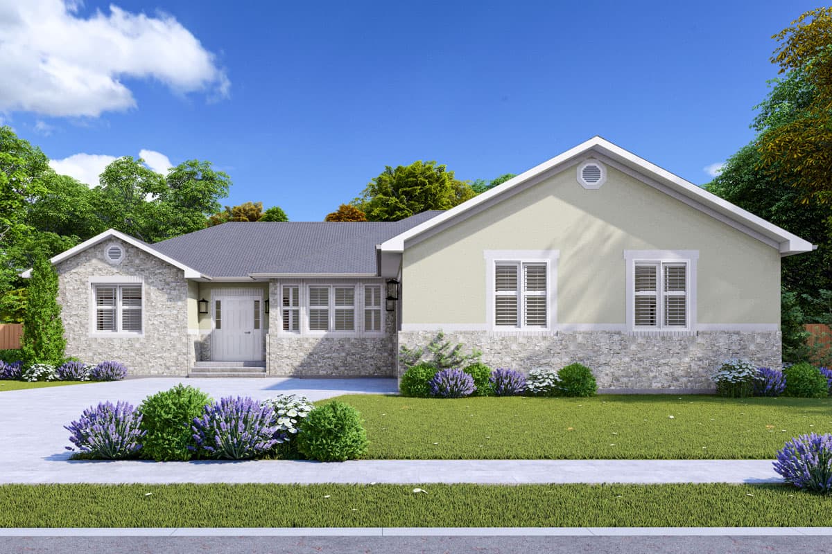 Ranch style house plan exterior with stone accents, a covered entryway, gables, and multiple windows.