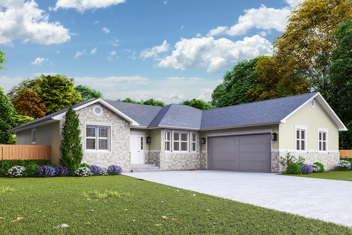 House plan exterior. Ranch style with stone facade and gable roof. Features include a two-car garage, multiple windows, and a covered entry.