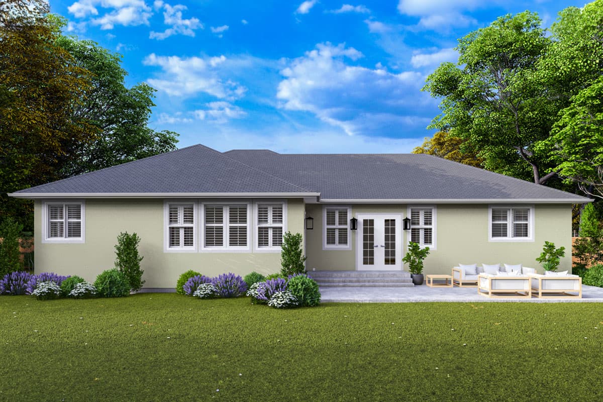 House plan exterior: Single-story structure with a hip roof, double door entry, and multiple double-hung windows.