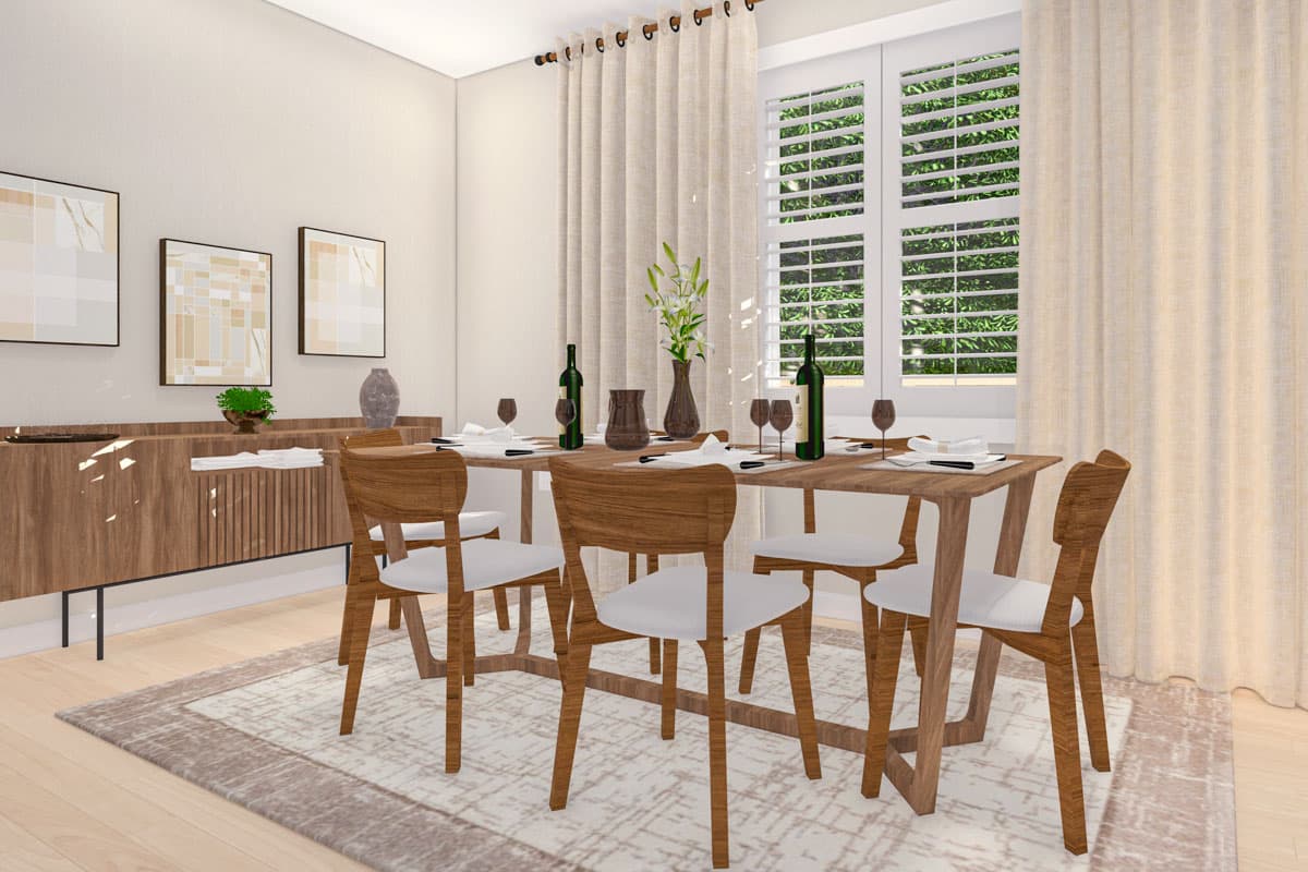 Dining room rendering with wood table set for six, modern credenza, and large window with plantation shutters.