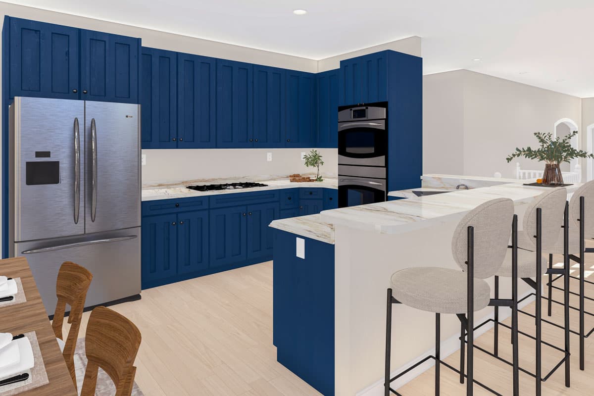 Kitchen rendering with navy cabinets, stainless steel appliances, marble countertops, and a large island with bar stools.