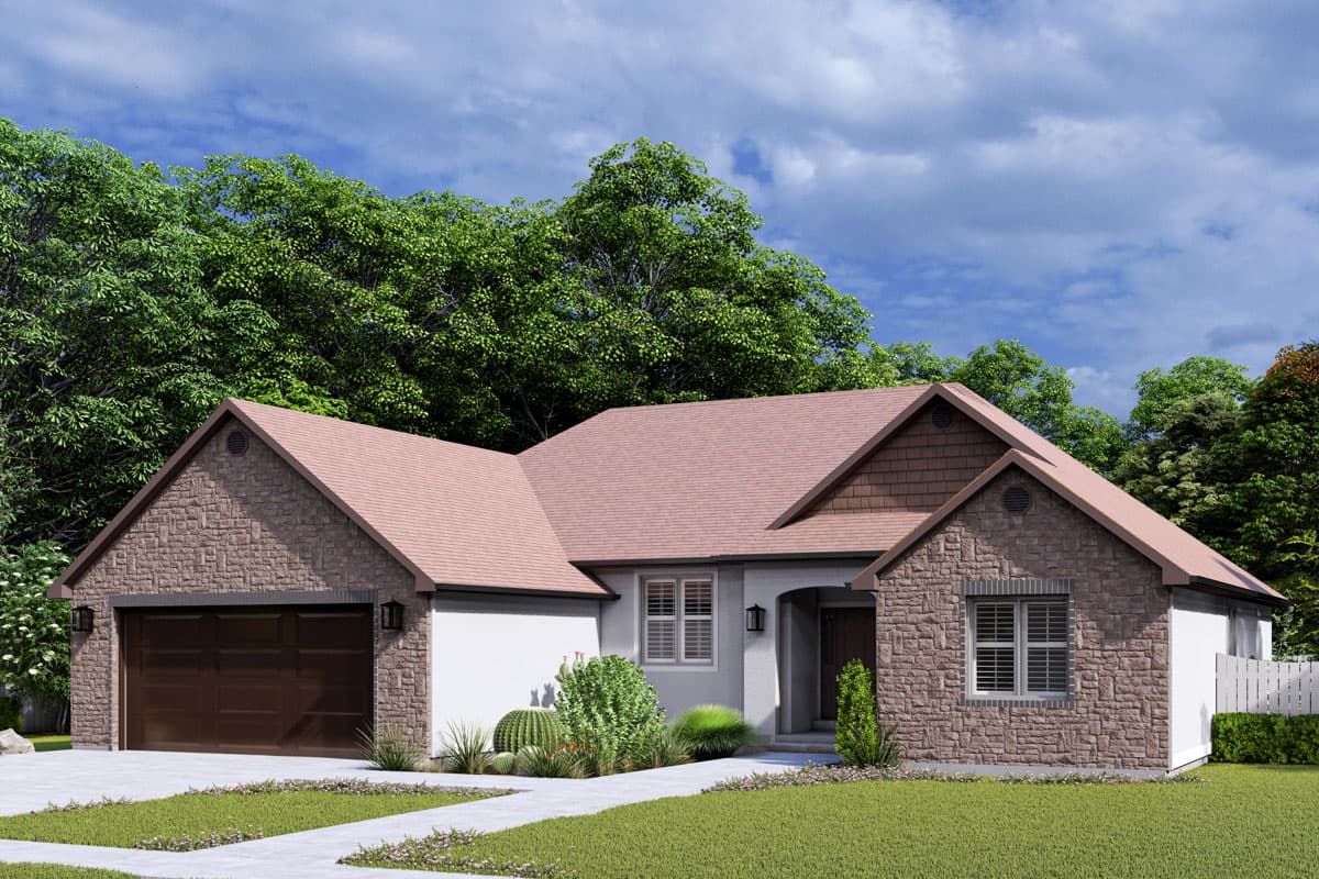 House plan exterior: Single-story home with stone accents, gable rooflines, front-facing garage, and covered entry.