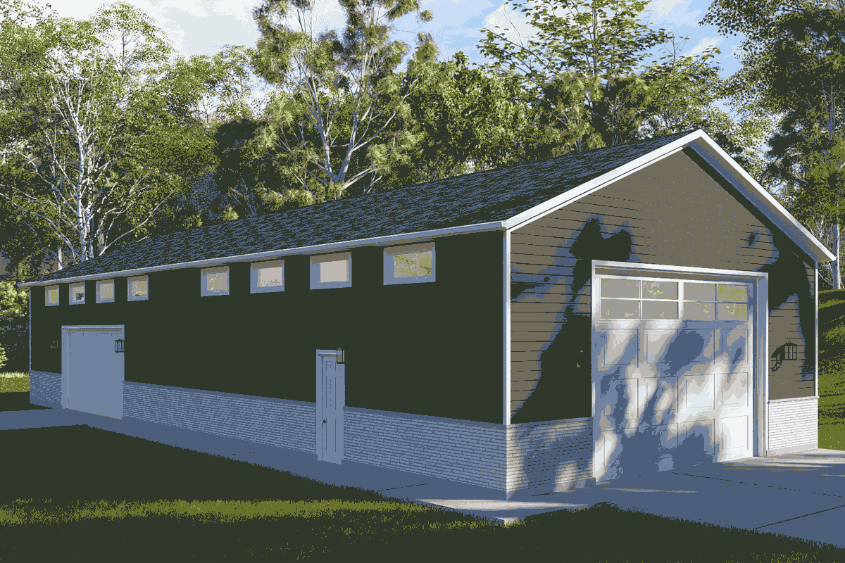 House plan exterior with gable roof, multiple small windows, and a large garage door. Features a brick veneer foundation.