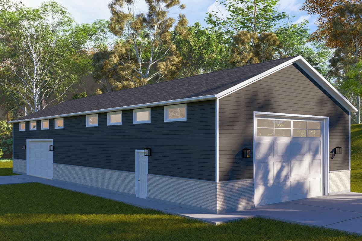 House plan exterior of a detached garage with two garage doors, a pedestrian door, and a row of upper windows.
