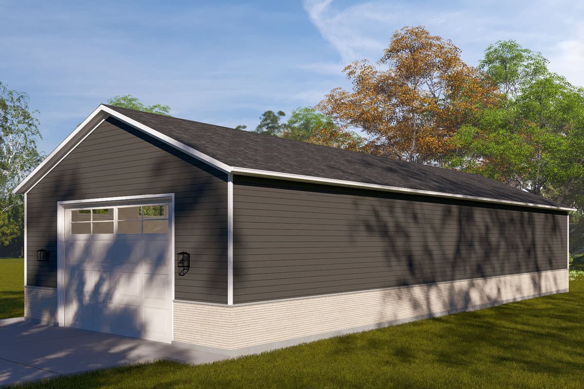 House plan exterior: One-story garage with vinyl siding, white paneled garage door, and brick foundation.